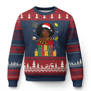 Merry Kwanzaa African American Girl Santa Hat Ugly Christmas Sweater Xmas Gift TS12 Navy Red Print Your Wear