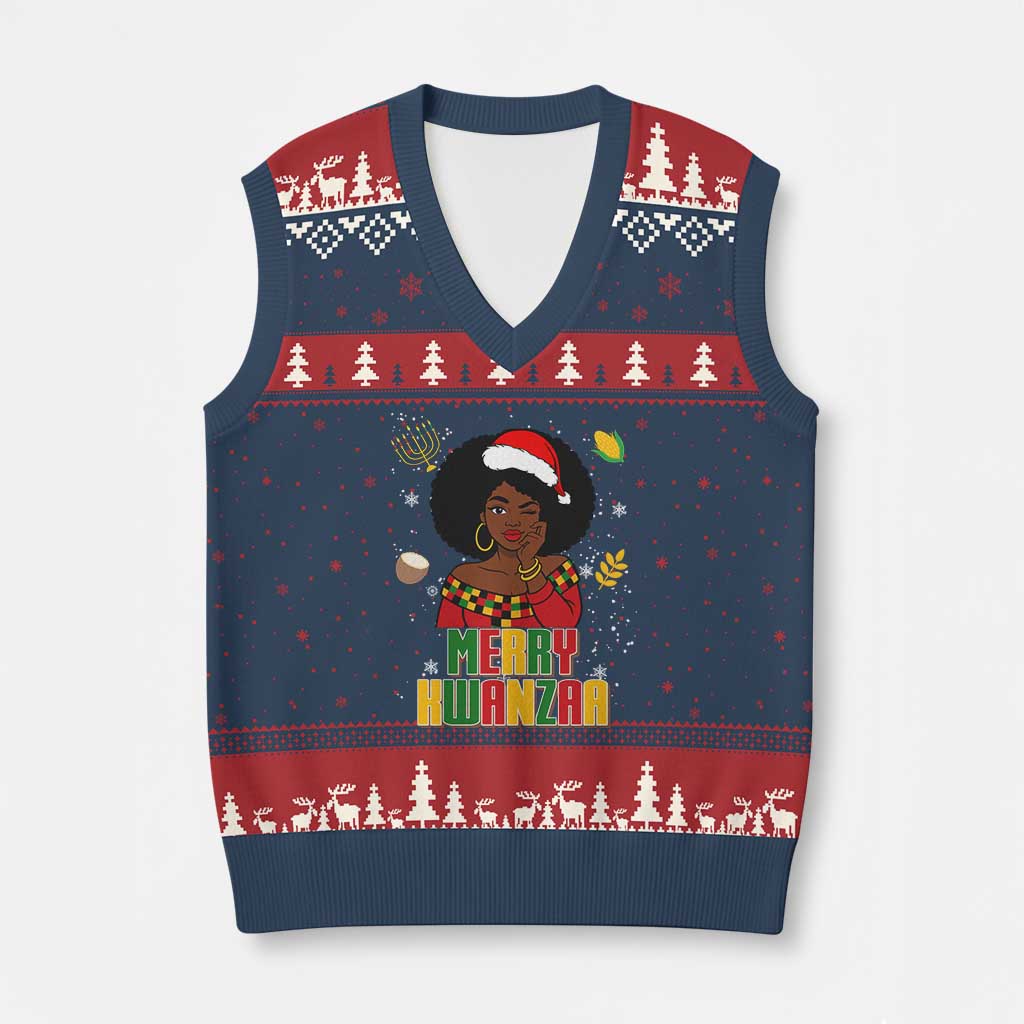 Merry Kwanzaa African American Girl Santa Hat V-Neck Knit Sweater Vest Xmas Gift TS12 Navy Red Print Your Wear