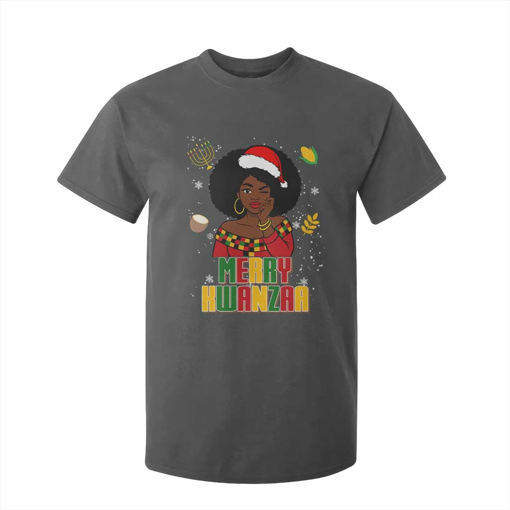 Merry Kwanzaa African American Girl Santa Hat T Shirt For Kid Christmas Gift TS12 Dark Heather Print Your Wear