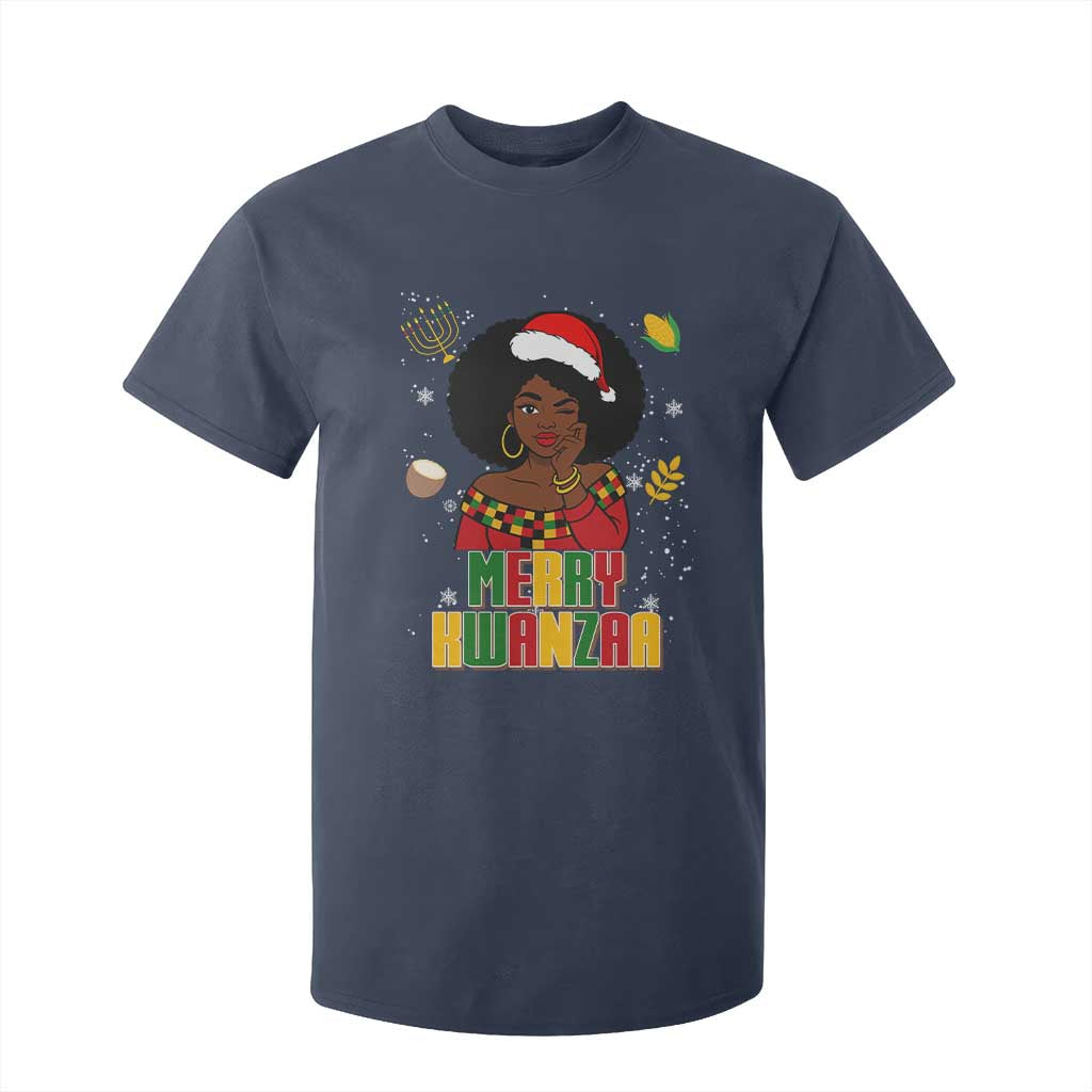 Merry Kwanzaa African American Girl Santa Hat T Shirt For Kid Christmas Gift TS12 Navy Print Your Wear