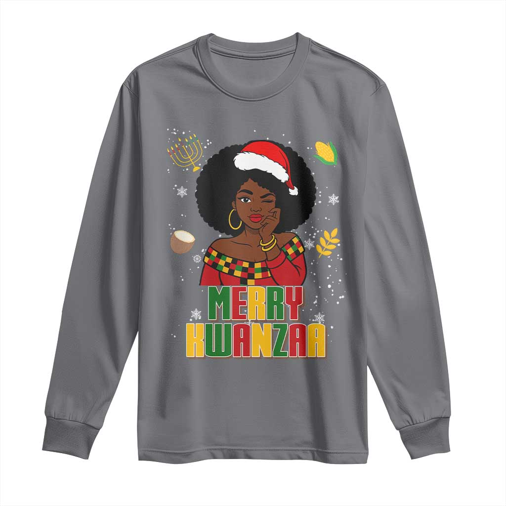 Merry Kwanzaa African American Girl Santa Hat Long Sleeve Shirt Christmas Gift TS12 Charcoal Print Your Wear