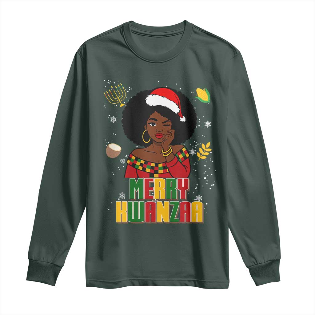 Merry Kwanzaa African American Girl Santa Hat Long Sleeve Shirt Christmas Gift TS12 Dark Forest Green Print Your Wear
