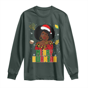 Merry Kwanzaa African American Girl Santa Hat Long Sleeve Shirt Christmas Gift TS12 Dark Forest Green Print Your Wear
