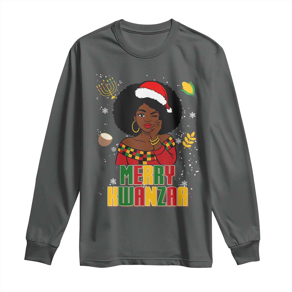 Merry Kwanzaa African American Girl Santa Hat Long Sleeve Shirt Christmas Gift TS12 Dark Heather Print Your Wear