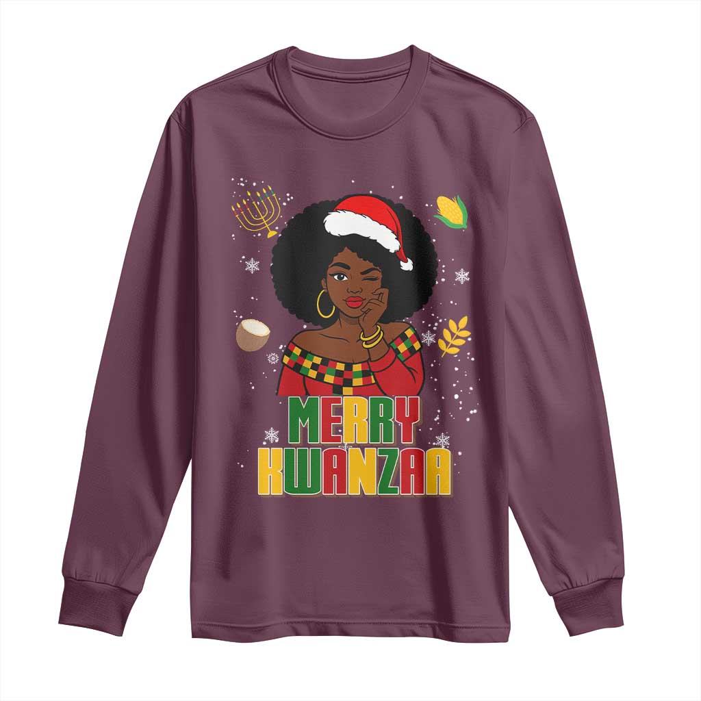 Merry Kwanzaa African American Girl Santa Hat Long Sleeve Shirt Christmas Gift TS12 Maroon Print Your Wear