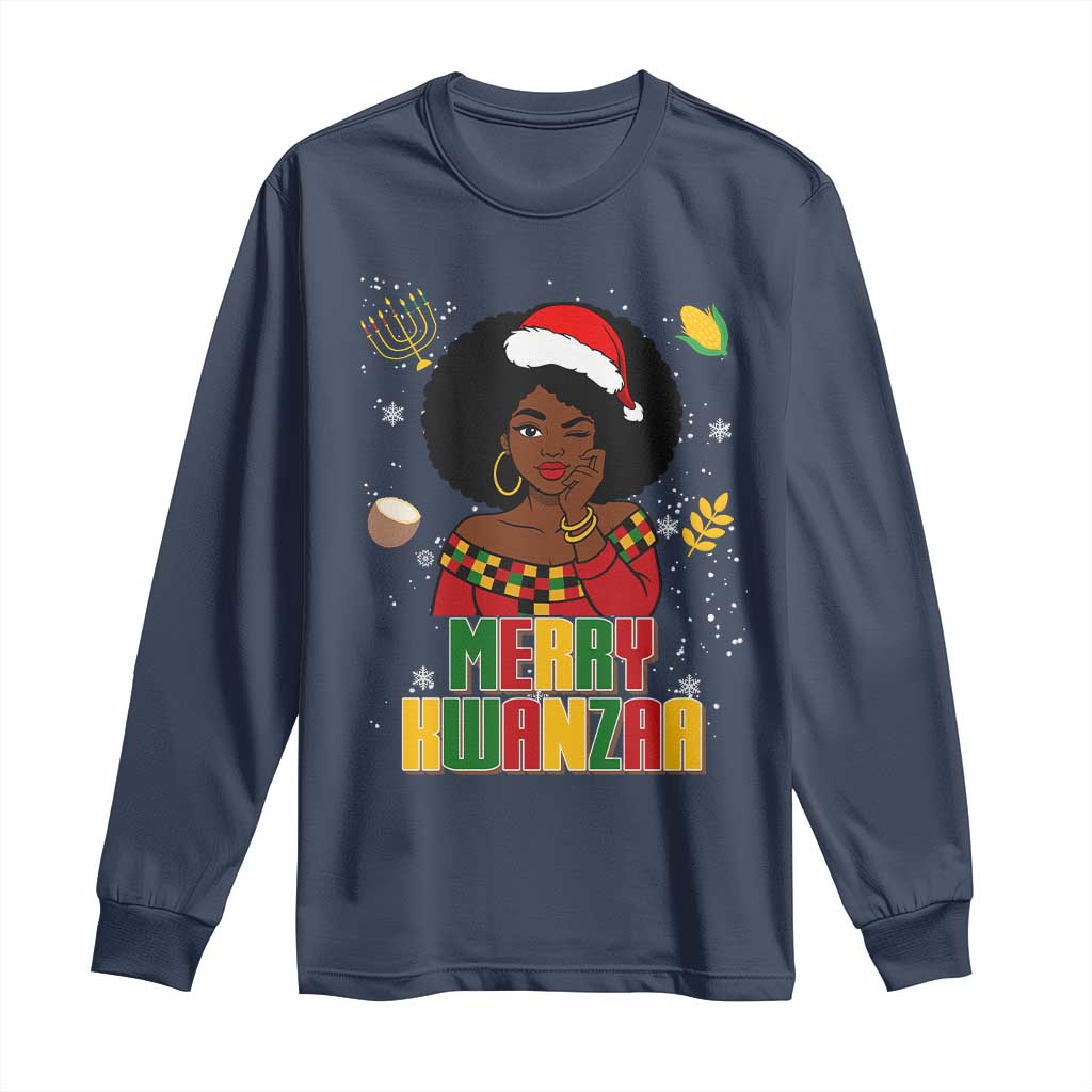 Merry Kwanzaa African American Girl Santa Hat Long Sleeve Shirt Christmas Gift TS12 Navy Print Your Wear