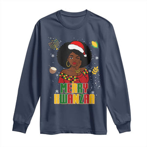 Merry Kwanzaa African American Girl Santa Hat Long Sleeve Shirt Christmas Gift TS12 Navy Print Your Wear