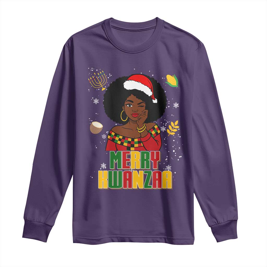 Merry Kwanzaa African American Girl Santa Hat Long Sleeve Shirt Christmas Gift TS12 Purple Print Your Wear