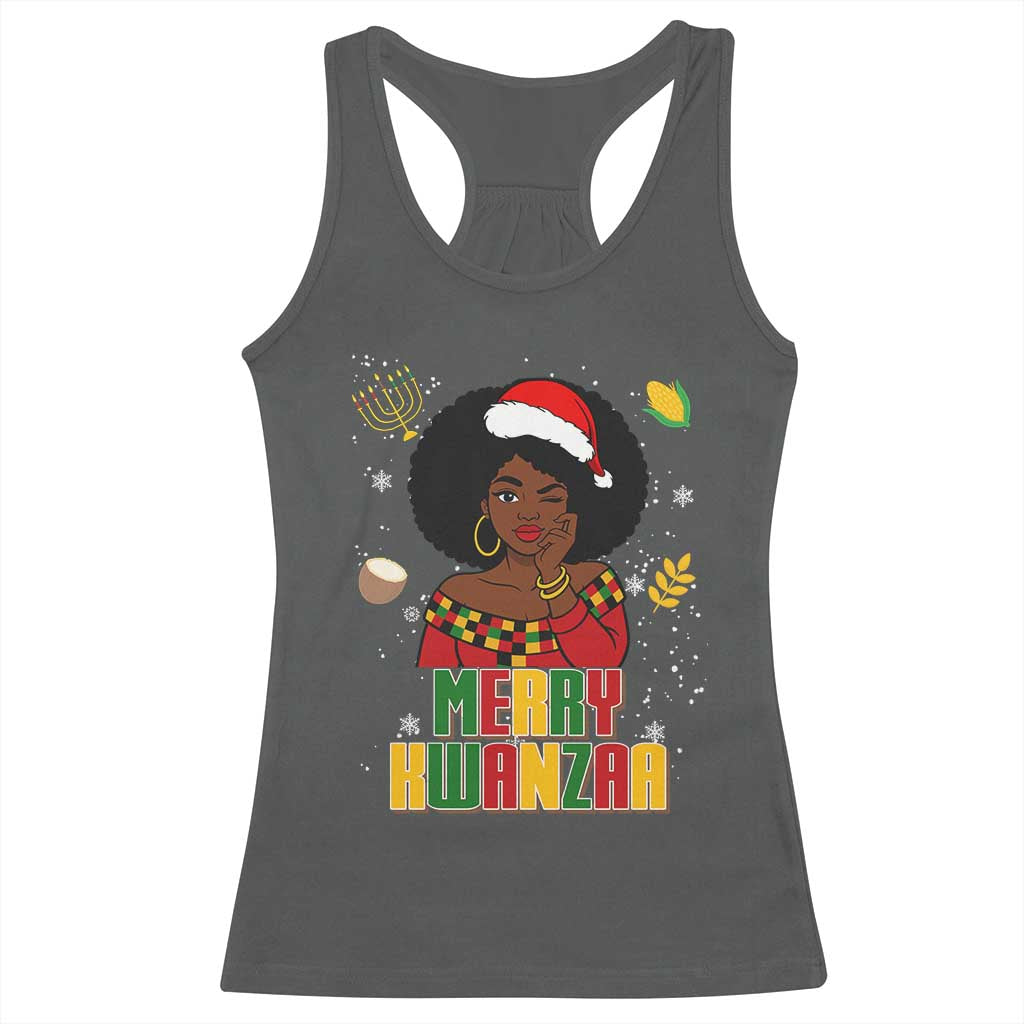Merry Kwanzaa African American Girl Santa Hat Racerback Tank Top Christmas Gift TS12 Dark Heather Print Your Wear