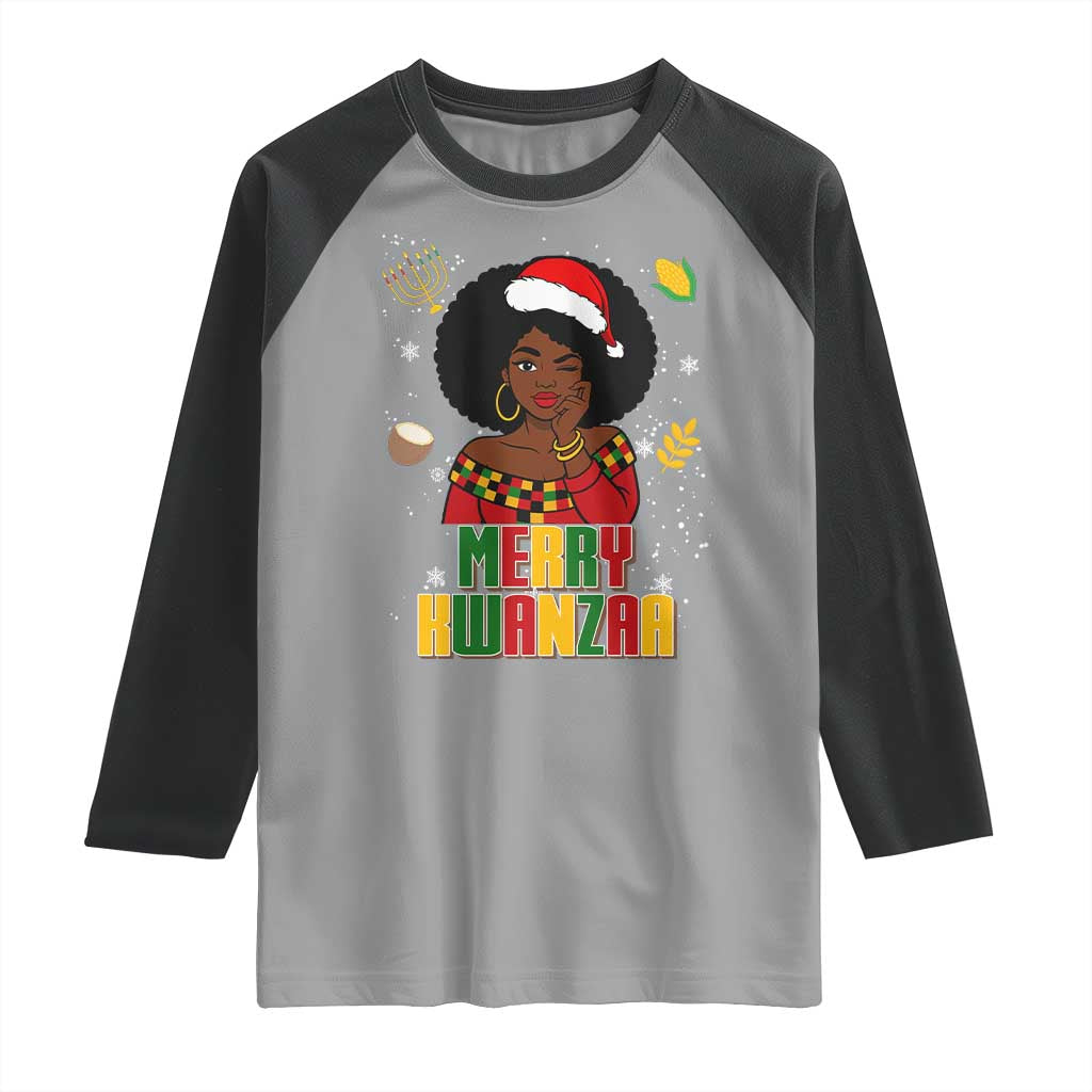 Merry Kwanzaa African American Girl Santa Hat Raglan Shirt Christmas Gift TS12 Sport Gray Black Print Your Wear