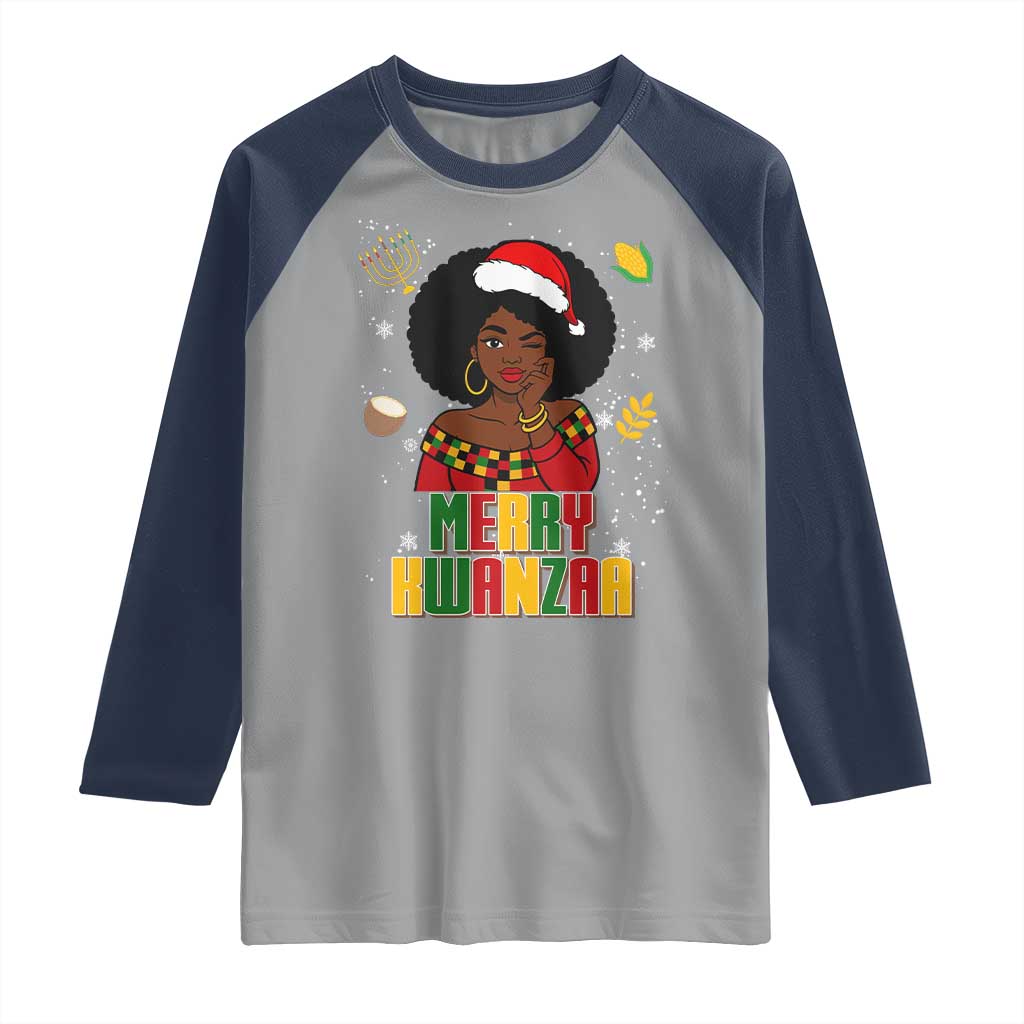 Merry Kwanzaa African American Girl Santa Hat Raglan Shirt Christmas Gift TS12 Sport Gray Navy Print Your Wear