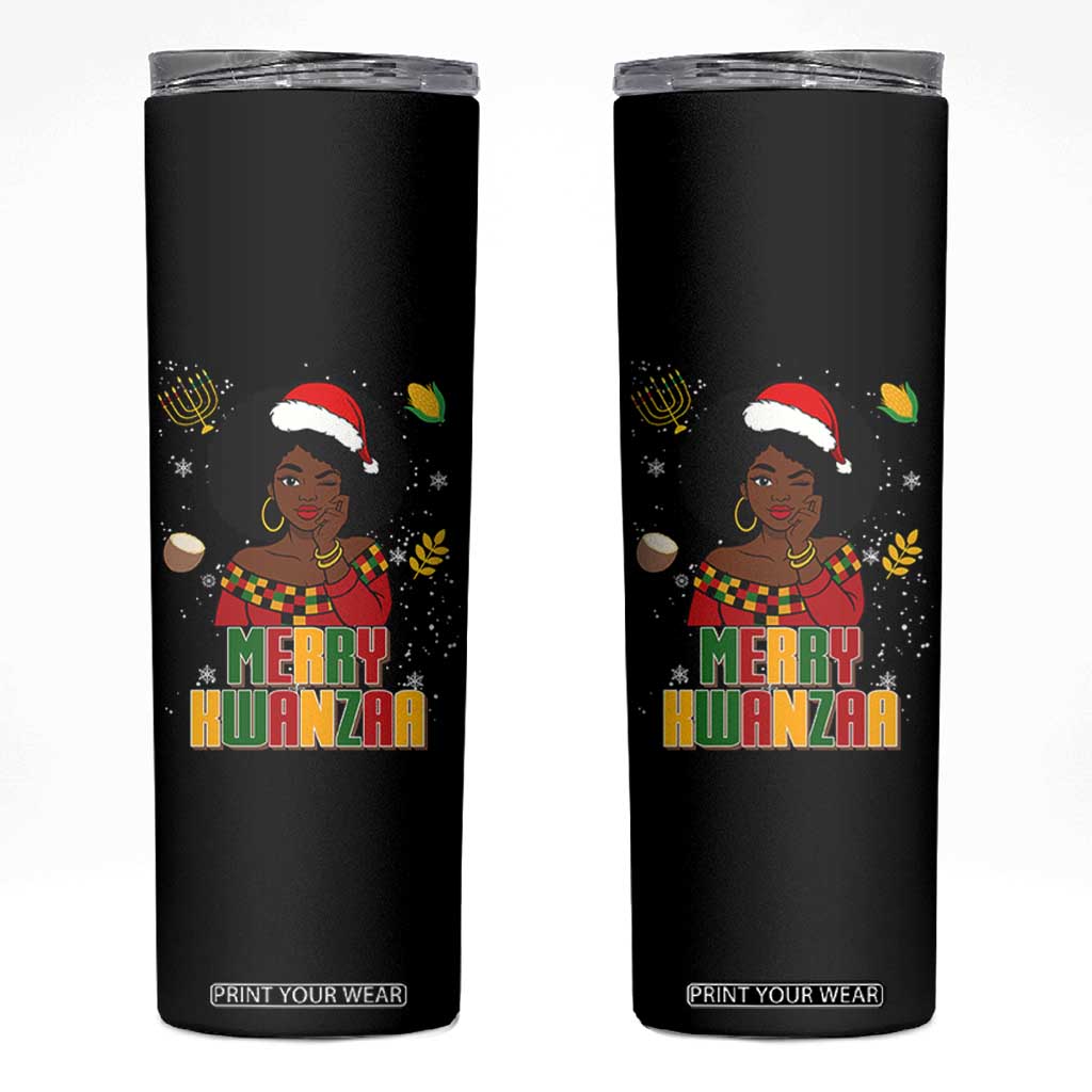 Merry Kwanzaa African American Girl Santa Hat Skinny Tumbler Christmas Gift TS12 Black Print Your Wear