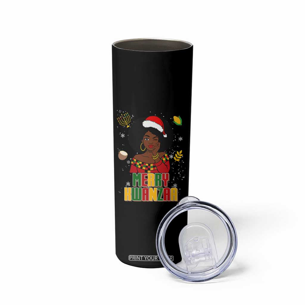 Merry Kwanzaa African American Girl Santa Hat Skinny Tumbler Christmas Gift TS12 Print Your Wear
