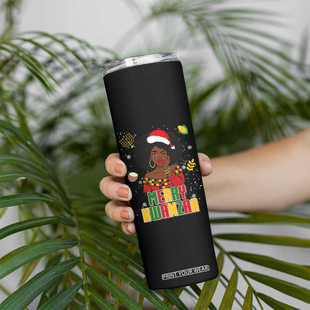 Merry Kwanzaa African American Girl Santa Hat Skinny Tumbler Christmas Gift TS12 Print Your Wear
