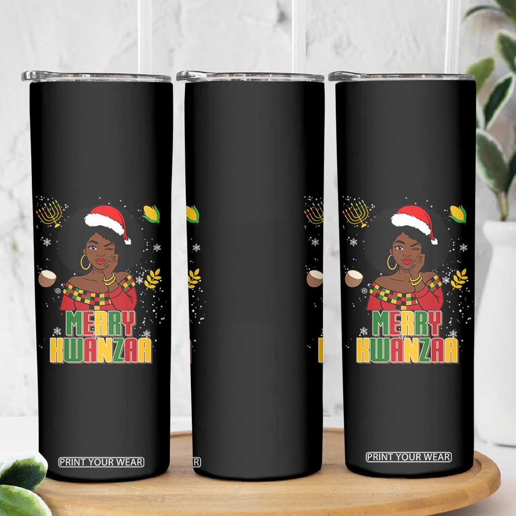Merry Kwanzaa African American Girl Santa Hat Skinny Tumbler Christmas Gift TS12 Print Your Wear