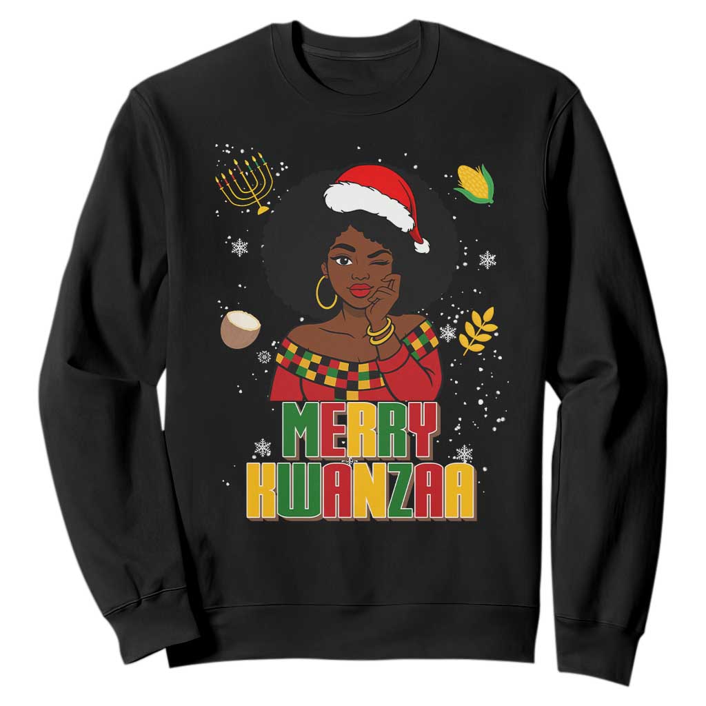 Merry Kwanzaa African American Girl Santa Hat Sweatshirt Christmas Gift TS12 Black Print Your Wear