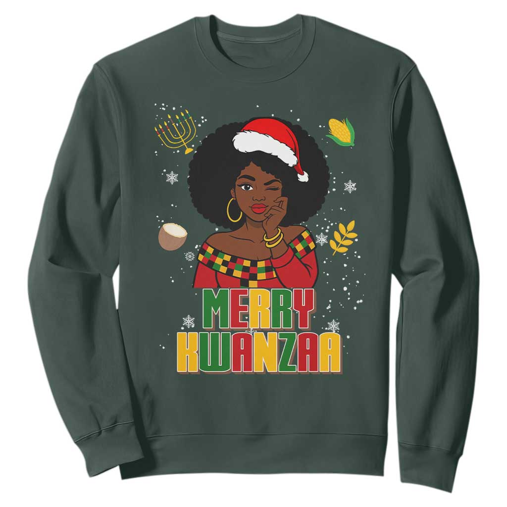 Merry Kwanzaa African American Girl Santa Hat Sweatshirt Christmas Gift TS12 Dark Forest Green Print Your Wear