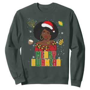 Merry Kwanzaa African American Girl Santa Hat Sweatshirt Christmas Gift TS12 Dark Forest Green Print Your Wear