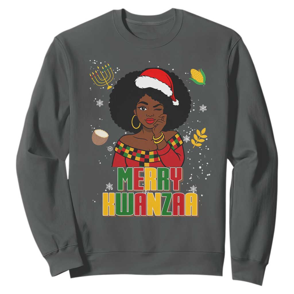Merry Kwanzaa African American Girl Santa Hat Sweatshirt Christmas Gift TS12 Dark Heather Print Your Wear