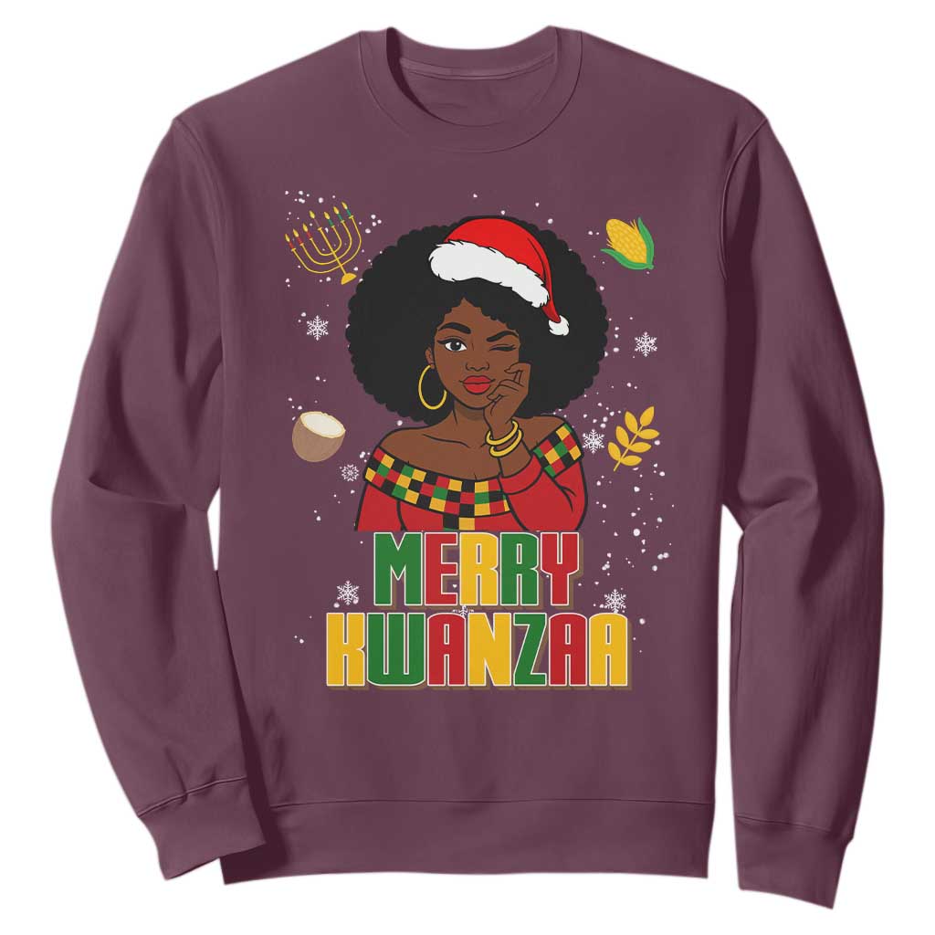 Merry Kwanzaa African American Girl Santa Hat Sweatshirt Christmas Gift TS12 Maroon Print Your Wear
