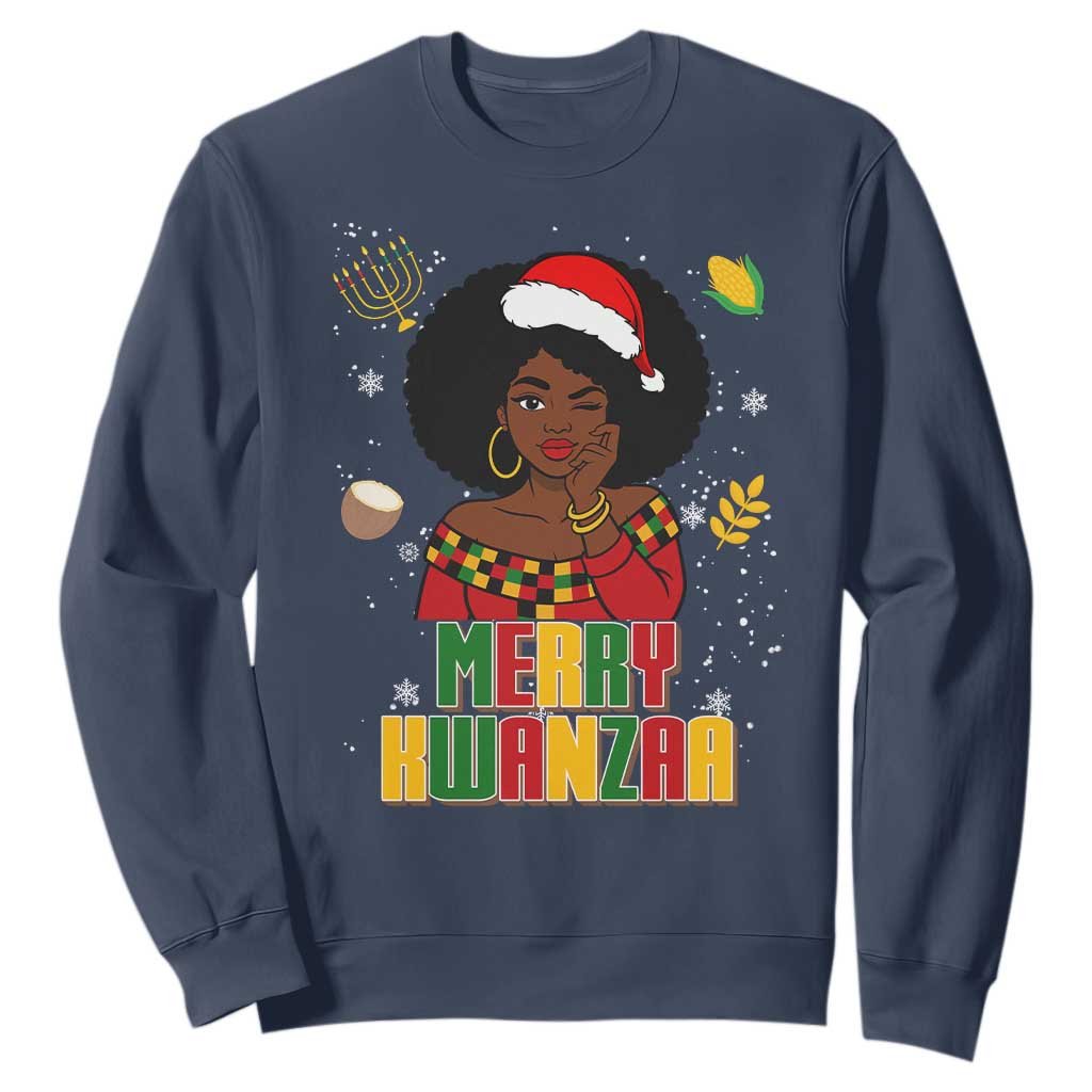 Merry Kwanzaa African American Girl Santa Hat Sweatshirt Christmas Gift TS12 Navy Print Your Wear