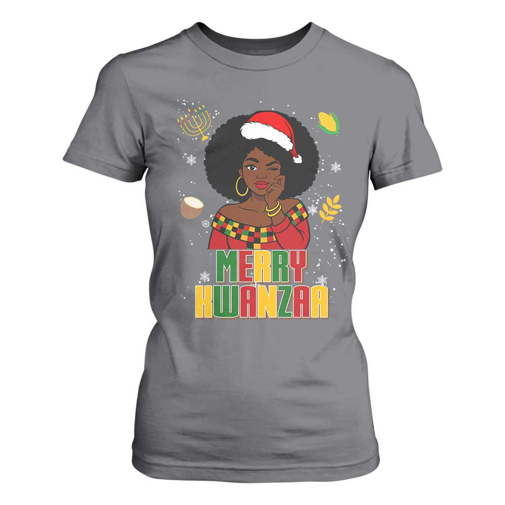 Merry Kwanzaa African American Girl Santa Hat T Shirt For Women Christmas Gift TS12 Charcoal Print Your Wear