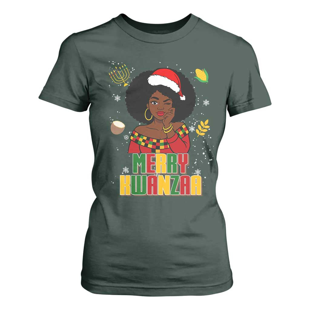 Merry Kwanzaa African American Girl Santa Hat T Shirt For Women Christmas Gift TS12 Dark Forest Green Print Your Wear