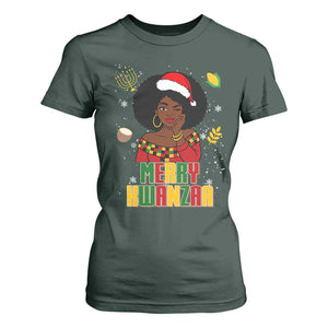 Merry Kwanzaa African American Girl Santa Hat T Shirt For Women Christmas Gift TS12 Dark Forest Green Print Your Wear