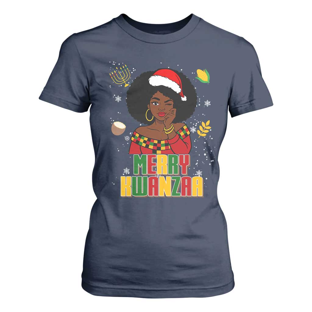 Merry Kwanzaa African American Girl Santa Hat T Shirt For Women Christmas Gift TS12 Navy Print Your Wear