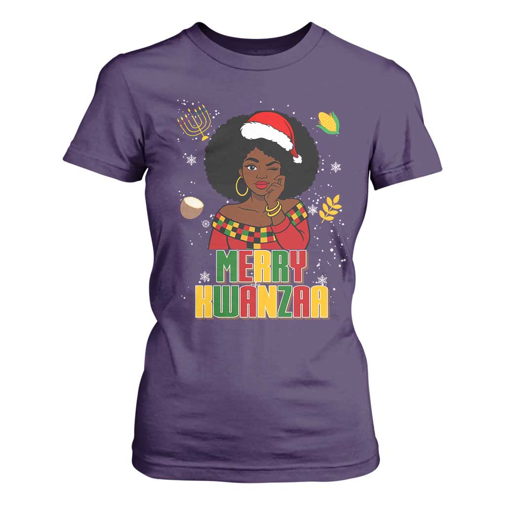 Merry Kwanzaa African American Girl Santa Hat T Shirt For Women Christmas Gift TS12 Purple Print Your Wear
