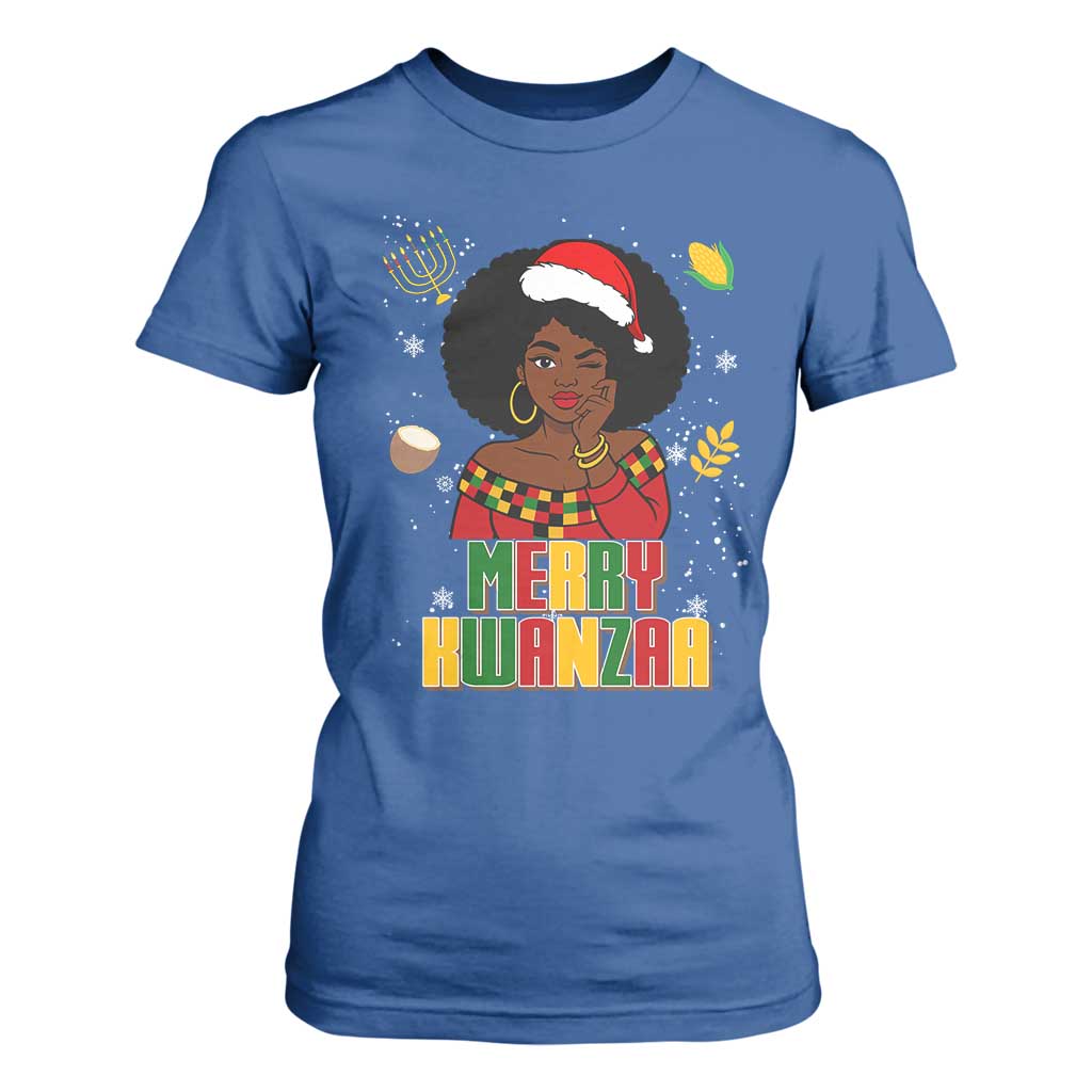 Merry Kwanzaa African American Girl Santa Hat T Shirt For Women Christmas Gift TS12 Royal Blue Print Your Wear