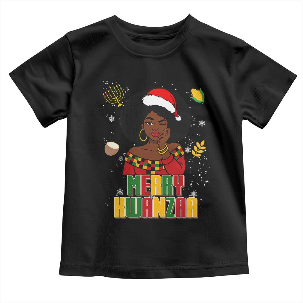 Merry Kwanzaa African American Girl Santa Hat Toddler T Shirt Christmas Gift TS12 Black Print Your Wear