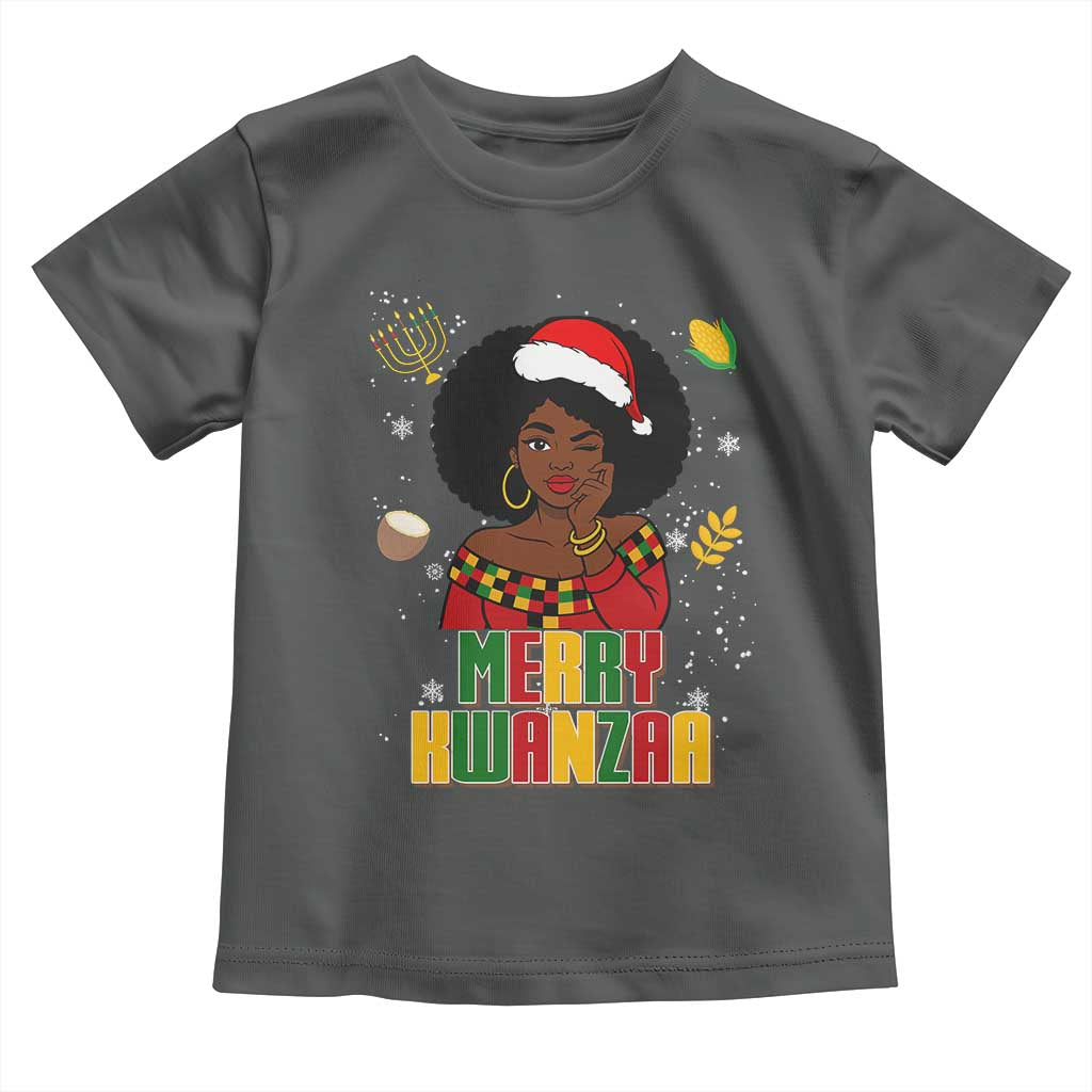Merry Kwanzaa African American Girl Santa Hat Toddler T Shirt Christmas Gift TS12 Dark Heather Print Your Wear