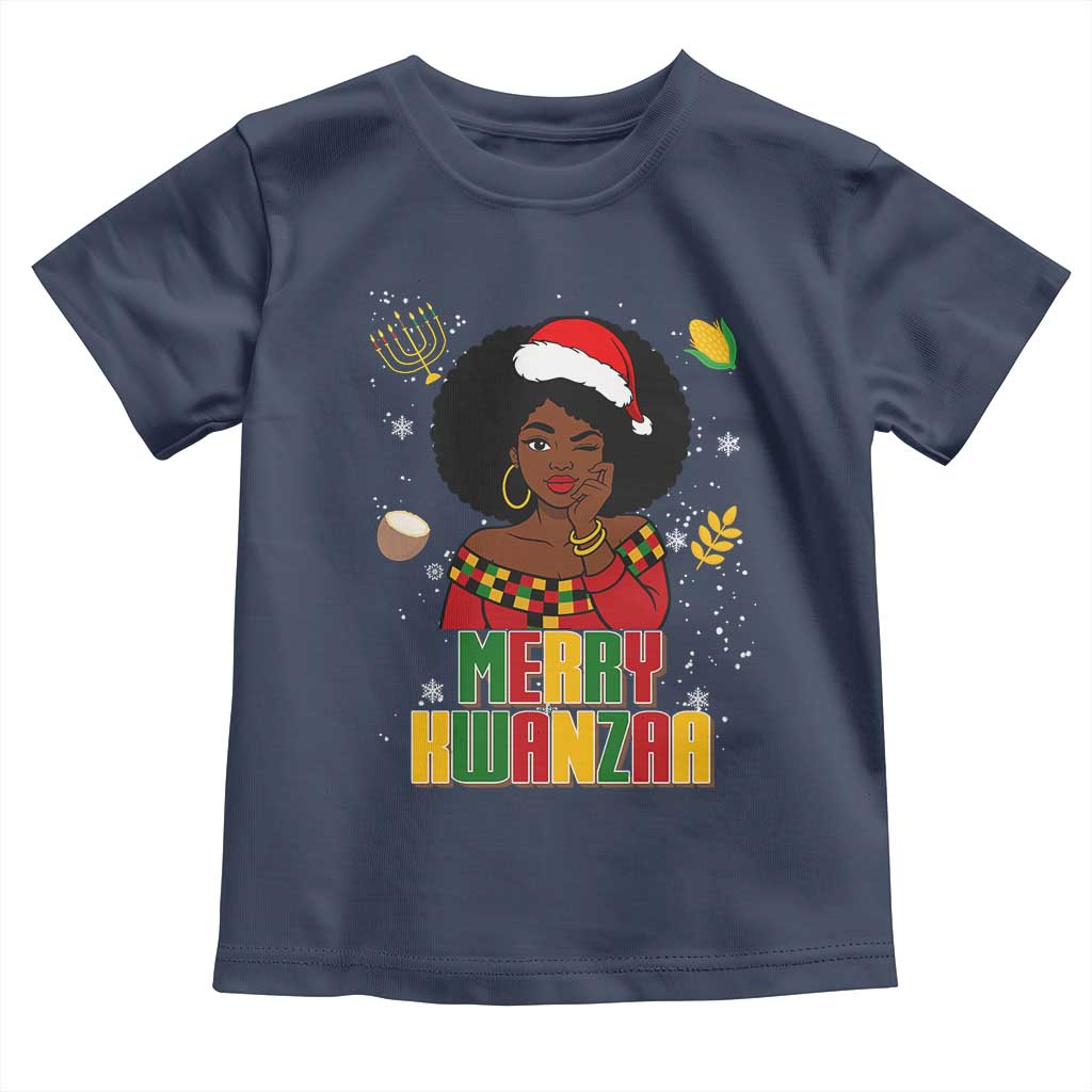 Merry Kwanzaa African American Girl Santa Hat Toddler T Shirt Christmas Gift TS12 Navy Print Your Wear