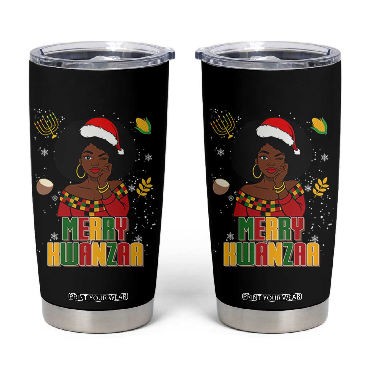 Merry Kwanzaa African American Girl Santa Hat Tumbler Cup Christmas Gift TS12 Black Print Your Wear