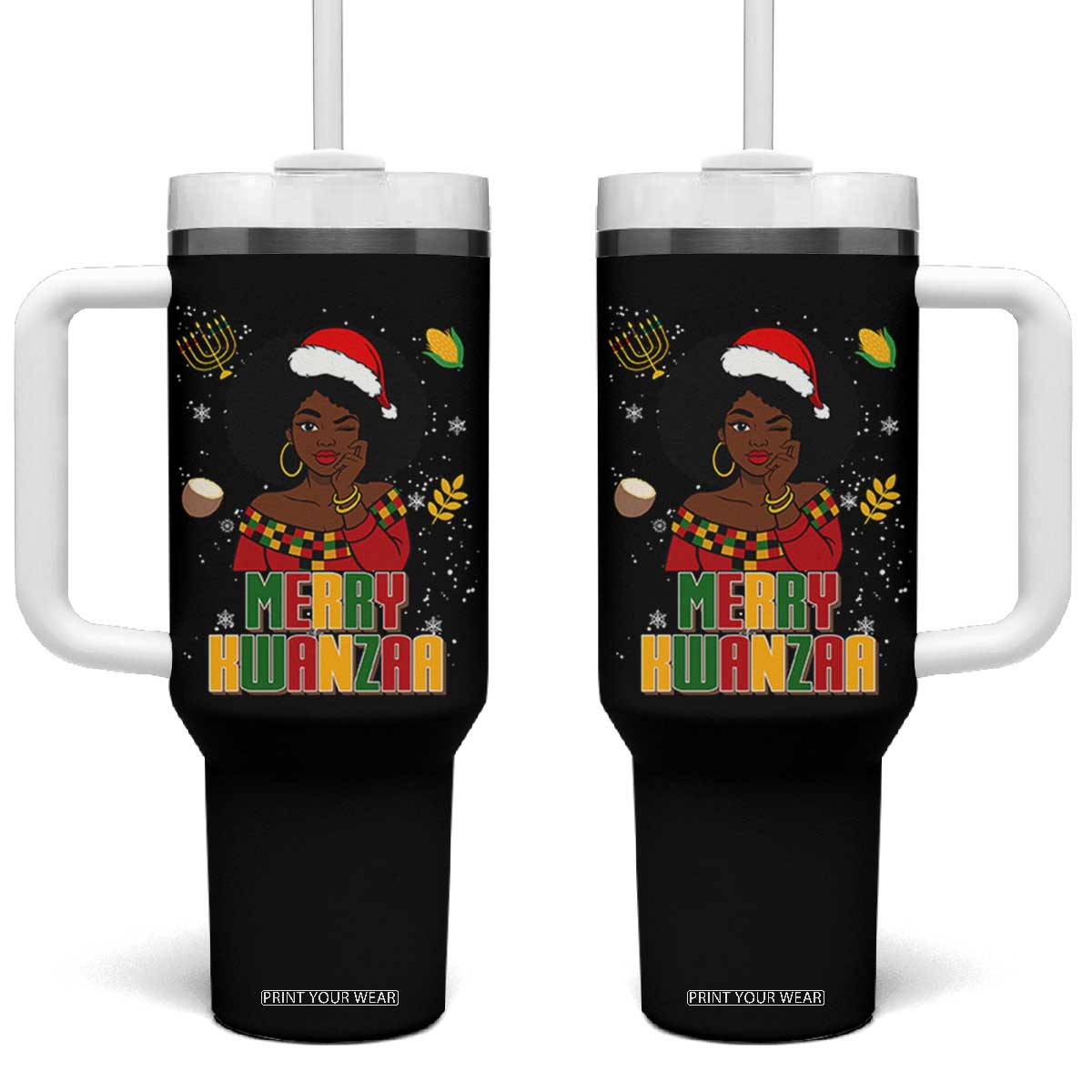 Merry Kwanzaa African American Girl Santa Hat Tumbler With Handle Christmas Gift TS12 One Size: 40 oz Black Print Your Wear
