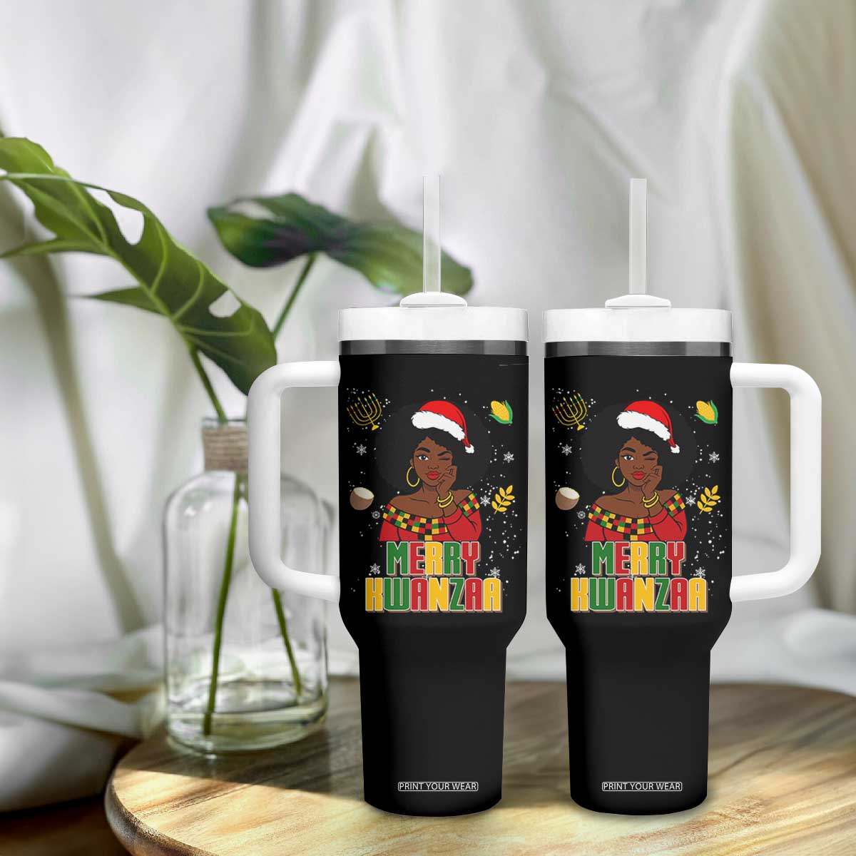 Merry Kwanzaa African American Girl Santa Hat Tumbler With Handle Christmas Gift TS12 Print Your Wear