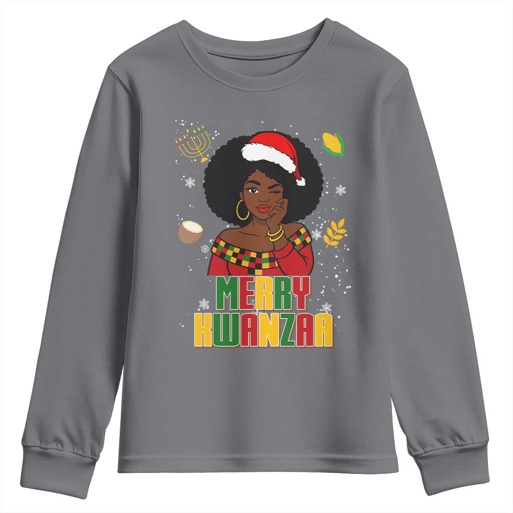 Merry Kwanzaa African American Girl Santa Hat Youth Sweatshirt Christmas Gift TS12 Charcoal Print Your Wear