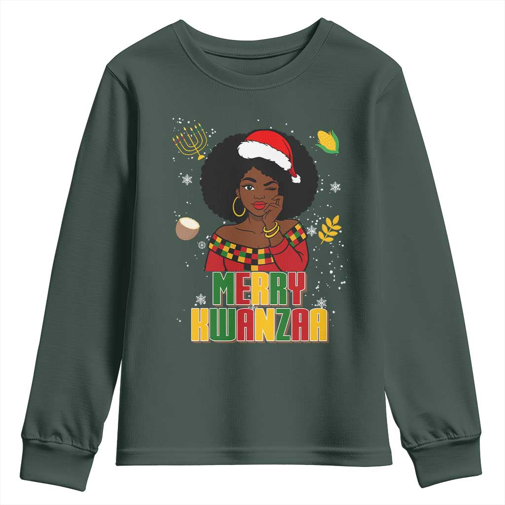 Merry Kwanzaa African American Girl Santa Hat Youth Sweatshirt Christmas Gift TS12 Dark Forest Green Print Your Wear