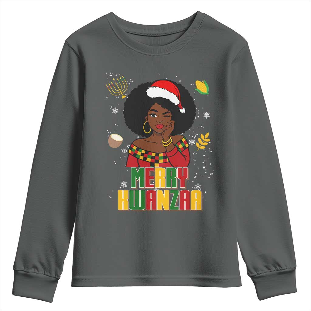 Merry Kwanzaa African American Girl Santa Hat Youth Sweatshirt Christmas Gift TS12 Dark Heather Print Your Wear