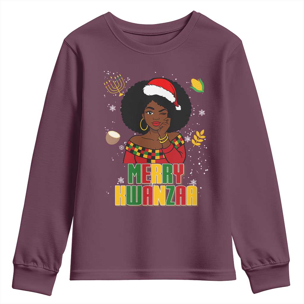 Merry Kwanzaa African American Girl Santa Hat Youth Sweatshirt Christmas Gift TS12 Maroon Print Your Wear