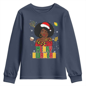 Merry Kwanzaa African American Girl Santa Hat Youth Sweatshirt Christmas Gift TS12 Navy Print Your Wear