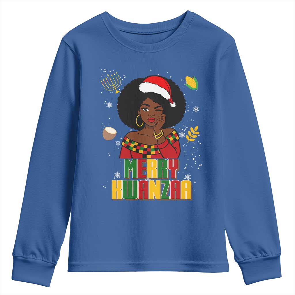 Merry Kwanzaa African American Girl Santa Hat Youth Sweatshirt Christmas Gift TS12 Royal Blue Print Your Wear