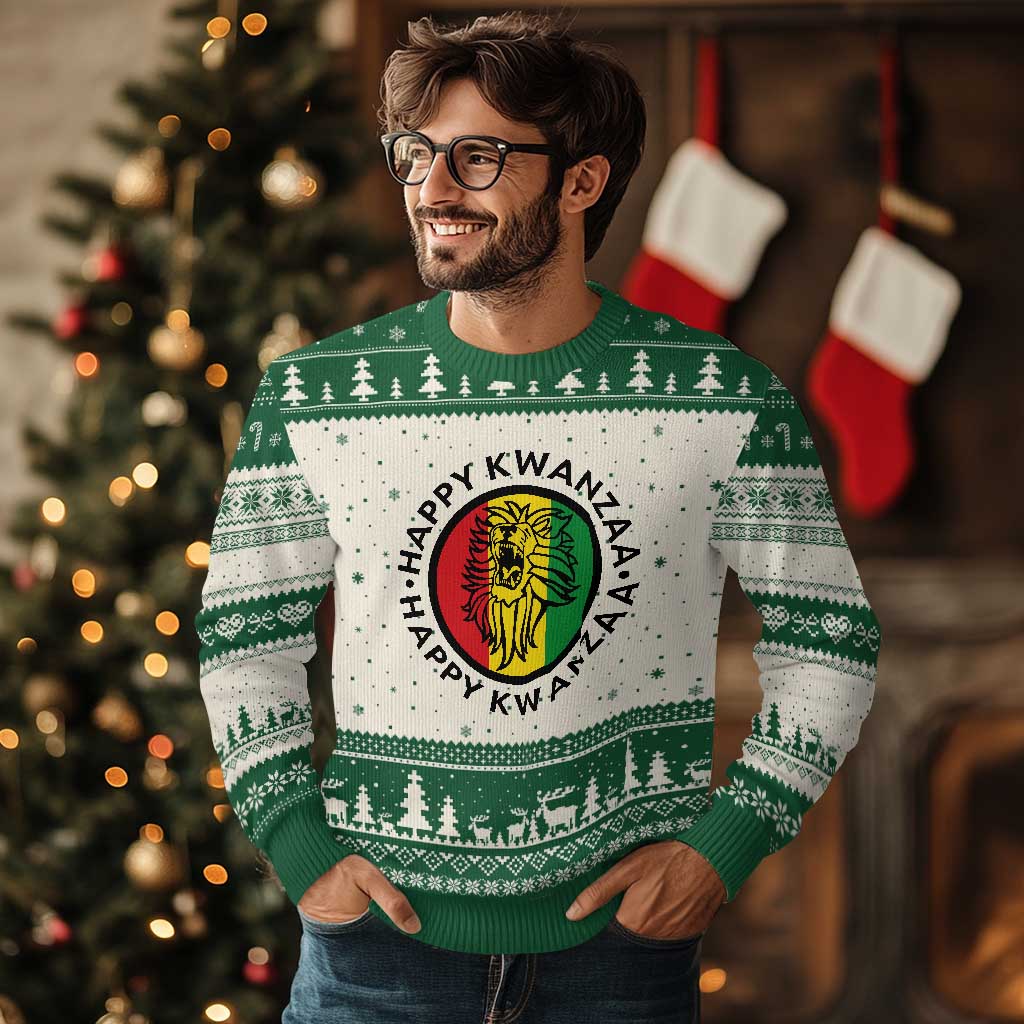 Happy Kwanzaa King Lion Of Africa Heritage Gift Ugly Christmas Sweater TS12 Beige Green Print Your Wear