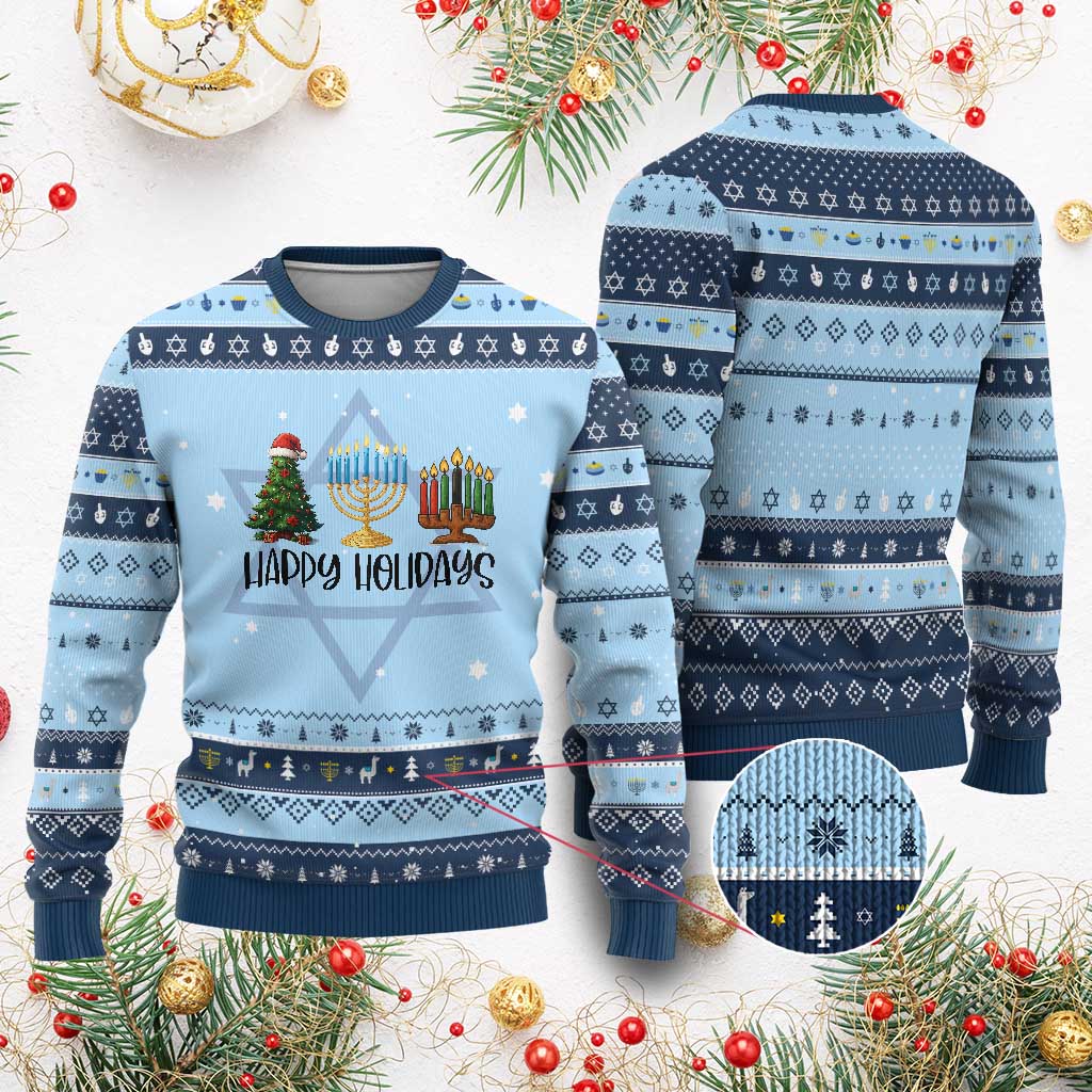 Funny Christmahanakwanzika Celebration Gift Hanukkah Ugly Sweater Happy Holidays TS12 Light Blue Navy Print Your Wear