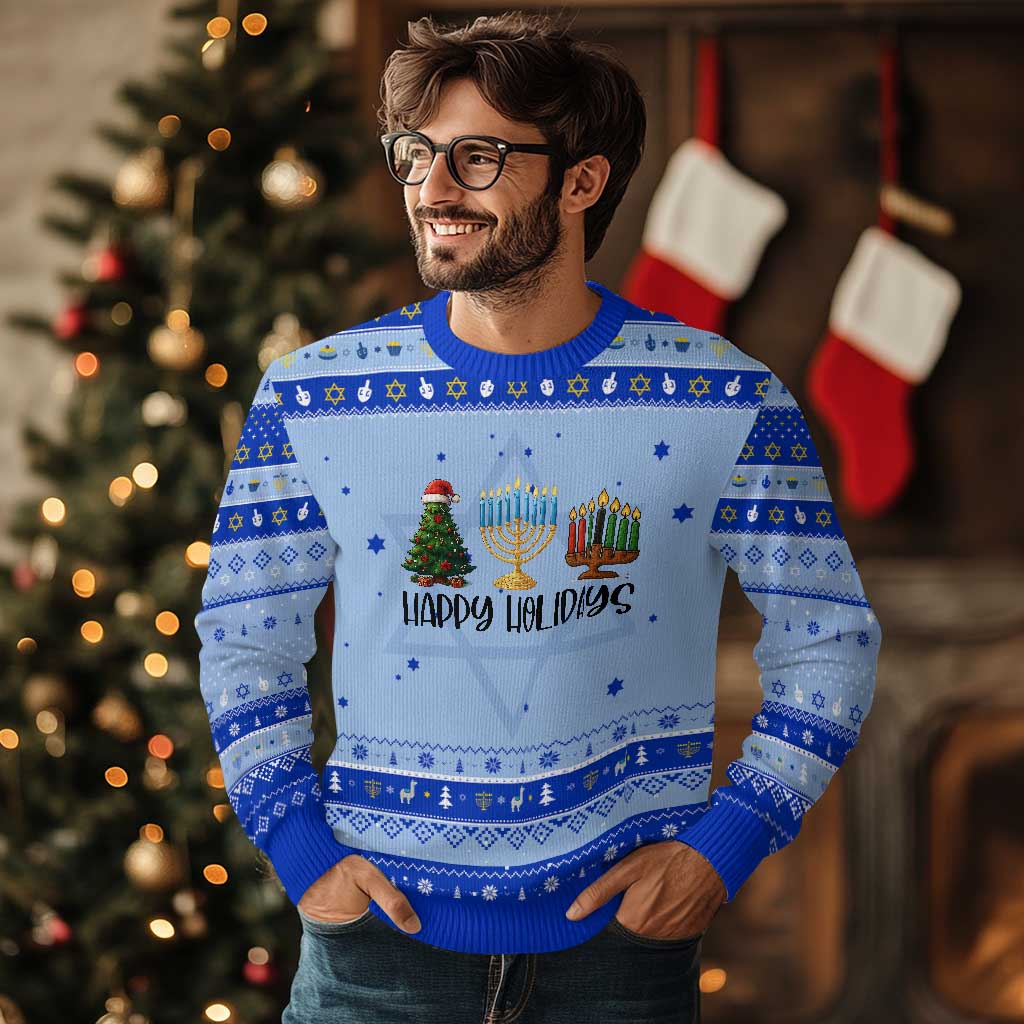 Funny Christmahanakwanzika Celebration Gift Hanukkah Ugly Sweater Happy Holidays TS12 Light Blue Royal Blue Print Your Wear