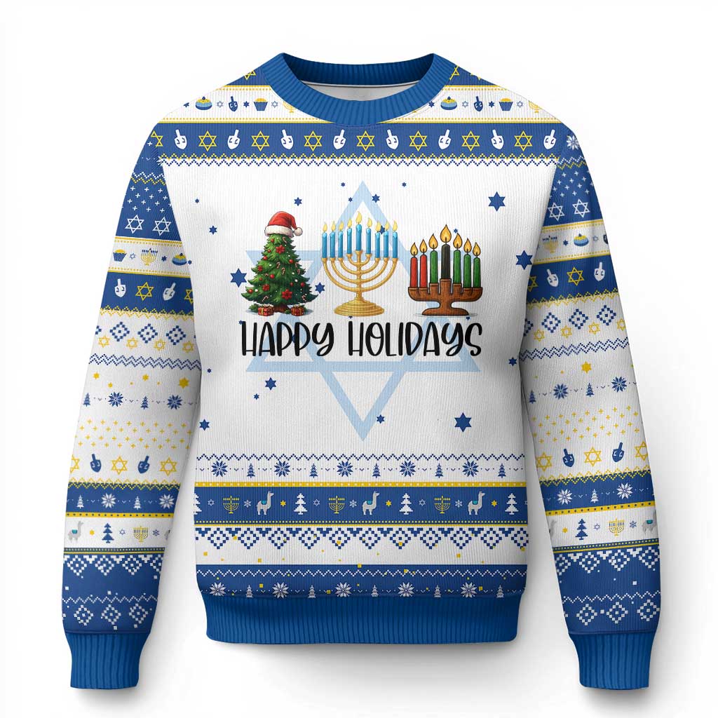 Funny Christmahanakwanzika Celebration Gift Hanukkah Ugly Sweater Happy Holidays TS12 White Royal Blue Print Your Wear