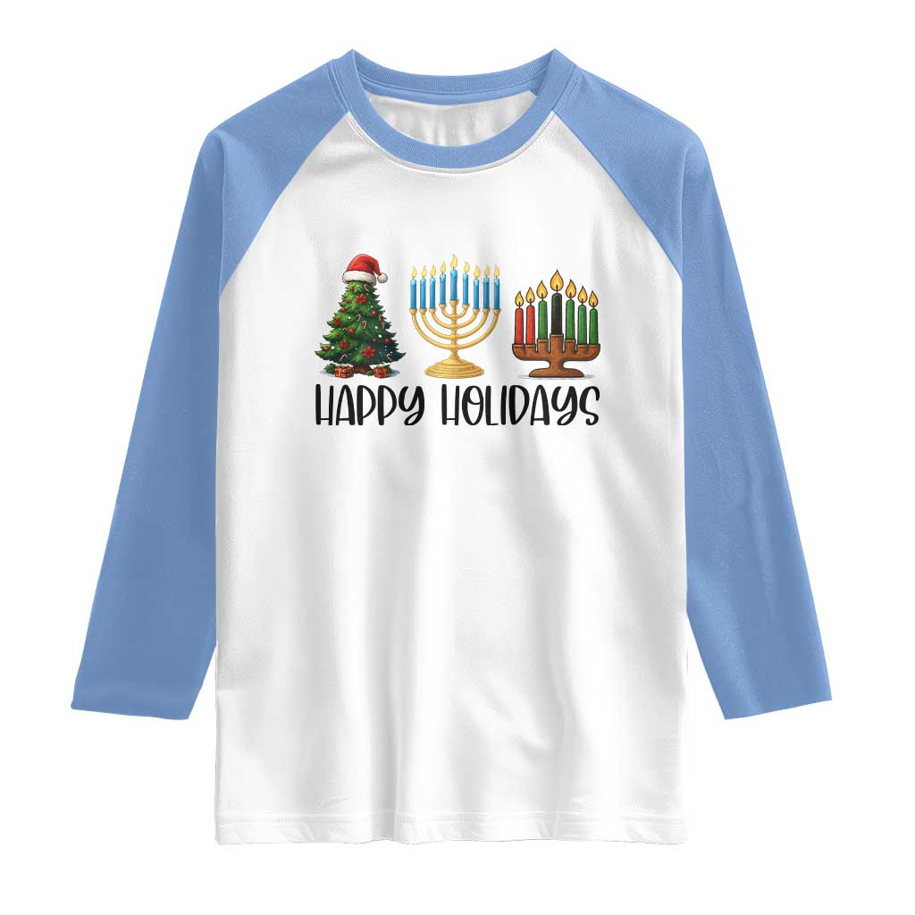 Christmas Hanukkah Kwanzaa Celebration Gift Raglan Shirt Happy Holidays TS12 White Carolina Blue Print Your Wear