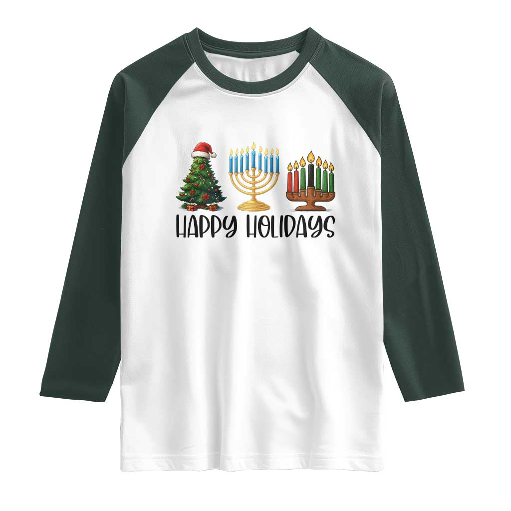 Christmas Hanukkah Kwanzaa Celebration Gift Raglan Shirt Happy Holidays TS12 White Dark Forest Green Print Your Wear