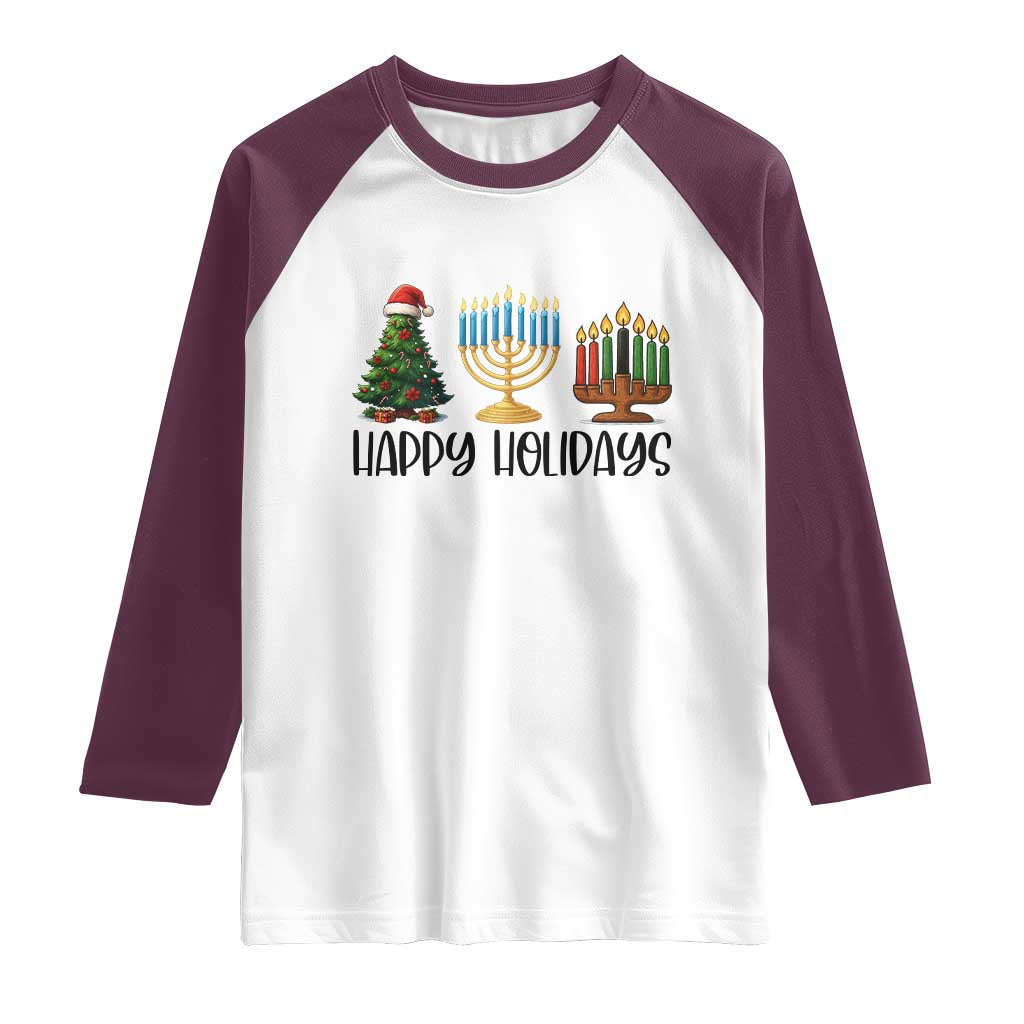 Christmas Hanukkah Kwanzaa Celebration Gift Raglan Shirt Happy Holidays TS12 White Maroon Print Your Wear
